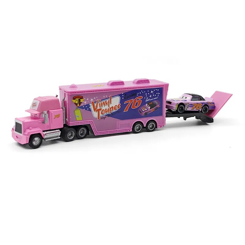 2Pcs Disney Pixar Cars No.76 Vinyl Toupee Hauler Truck with Car Diecast Toy Set