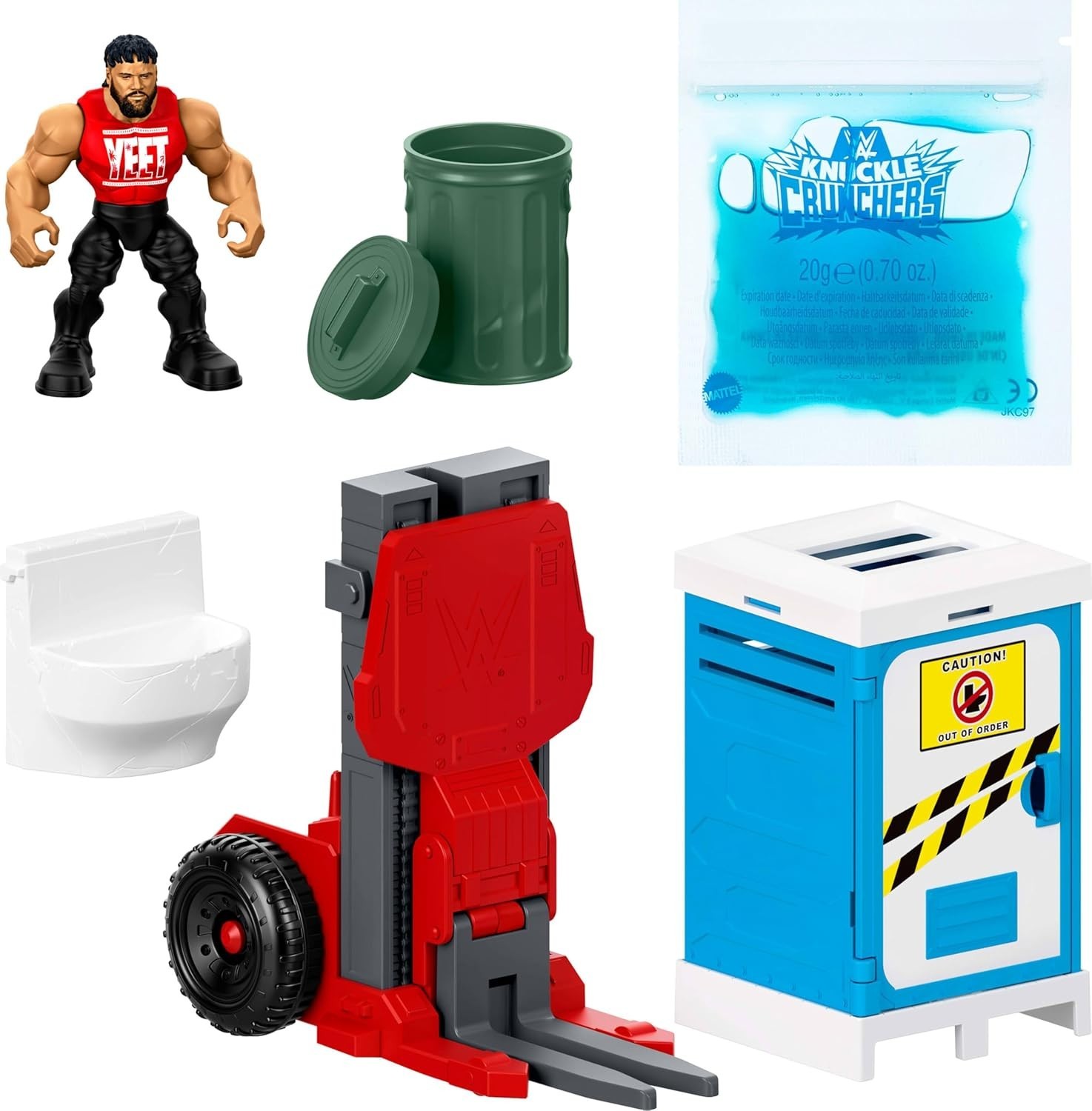 WWE Knuckle Crunchers Backstage Brawl Playset Jey Uso Slim Forklift Port-a-Potty