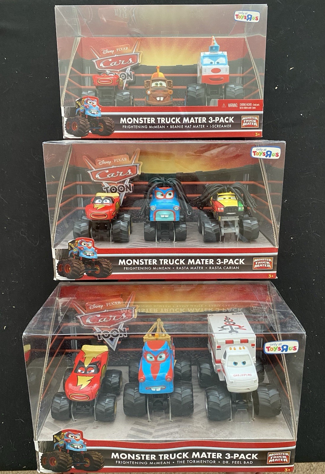 Disney Pixar Cars Toons: Monster Truck Mater 3 Pack Box Sets x 3 in Mint Package
