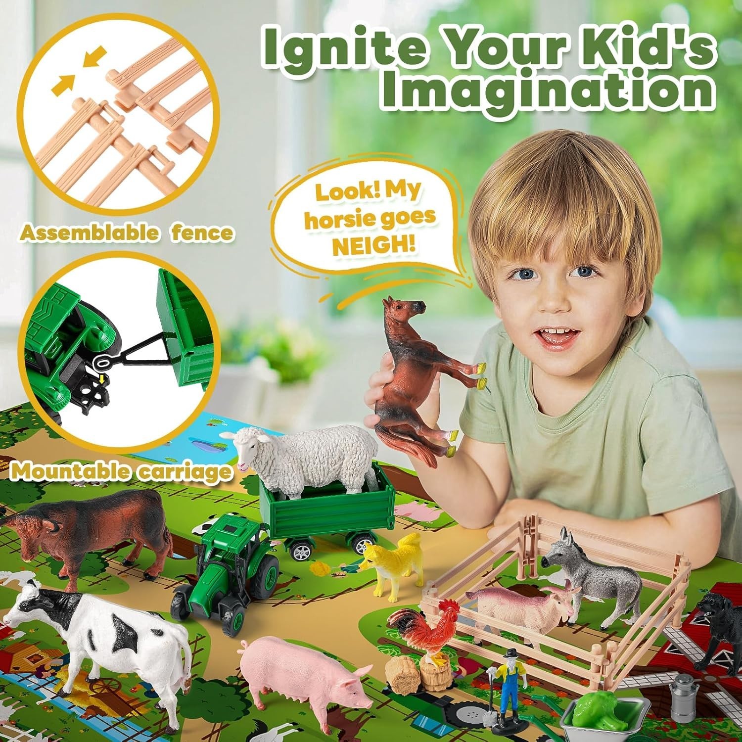 Farm Animal Figures Set Animal Figurines with 47” Large Activity Play Mat Kids