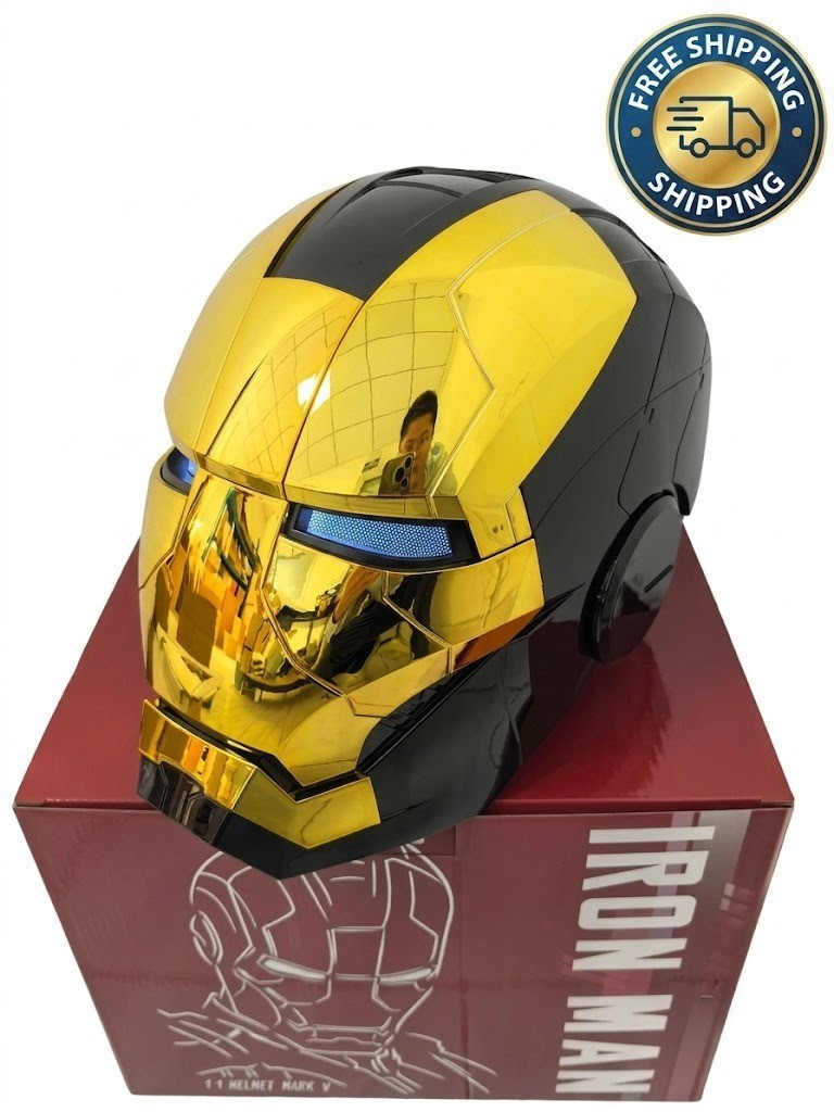 Wearable Iron Man Helmet Black Gold 1:1 Cosplay Mask LED Eyes Voice Activated