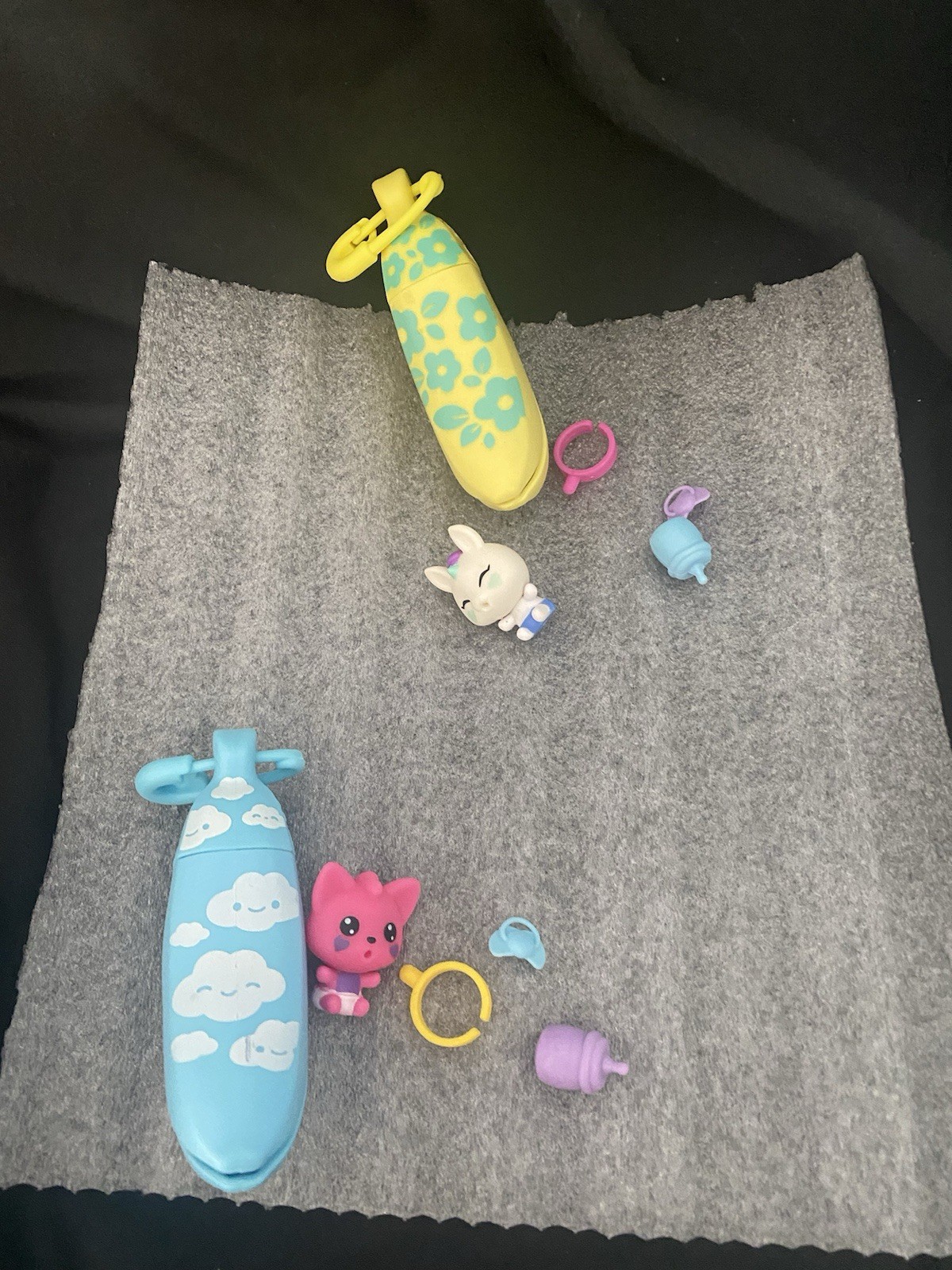 2 Baby Banana Crushies Baby Cat & Bunny Miniatures in Banana Clip On Toys