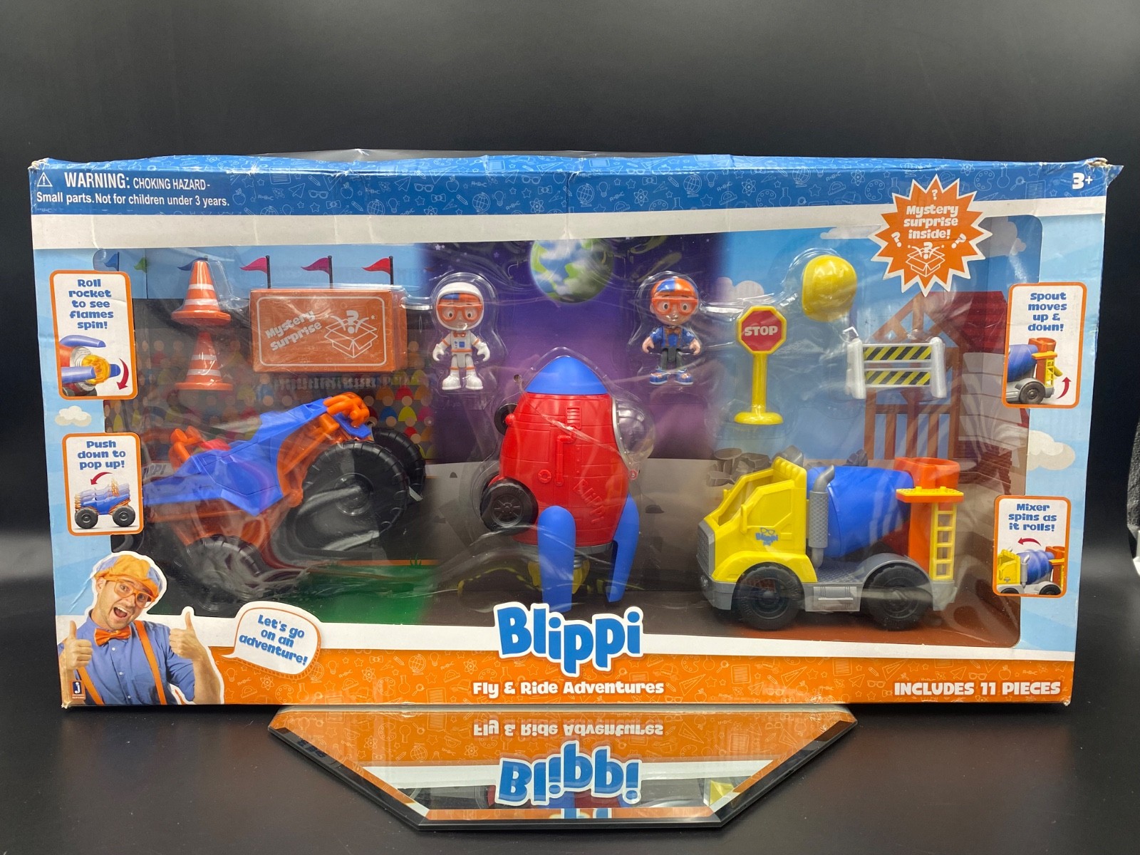 RARE NEW IN BOX BLIPPI FLY & RIDE ADVENTURES Rocket, Truck, Cement Mixer 11 Pcs