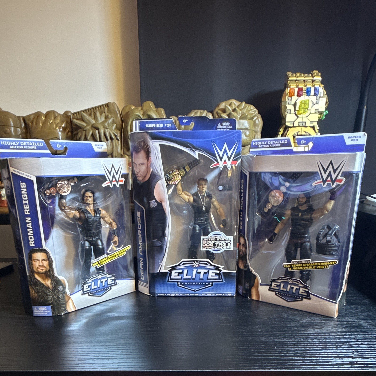 The SHIELD WWE Elite Roman Reigns Dean Ambrose Seth Rollins with Title Belts
