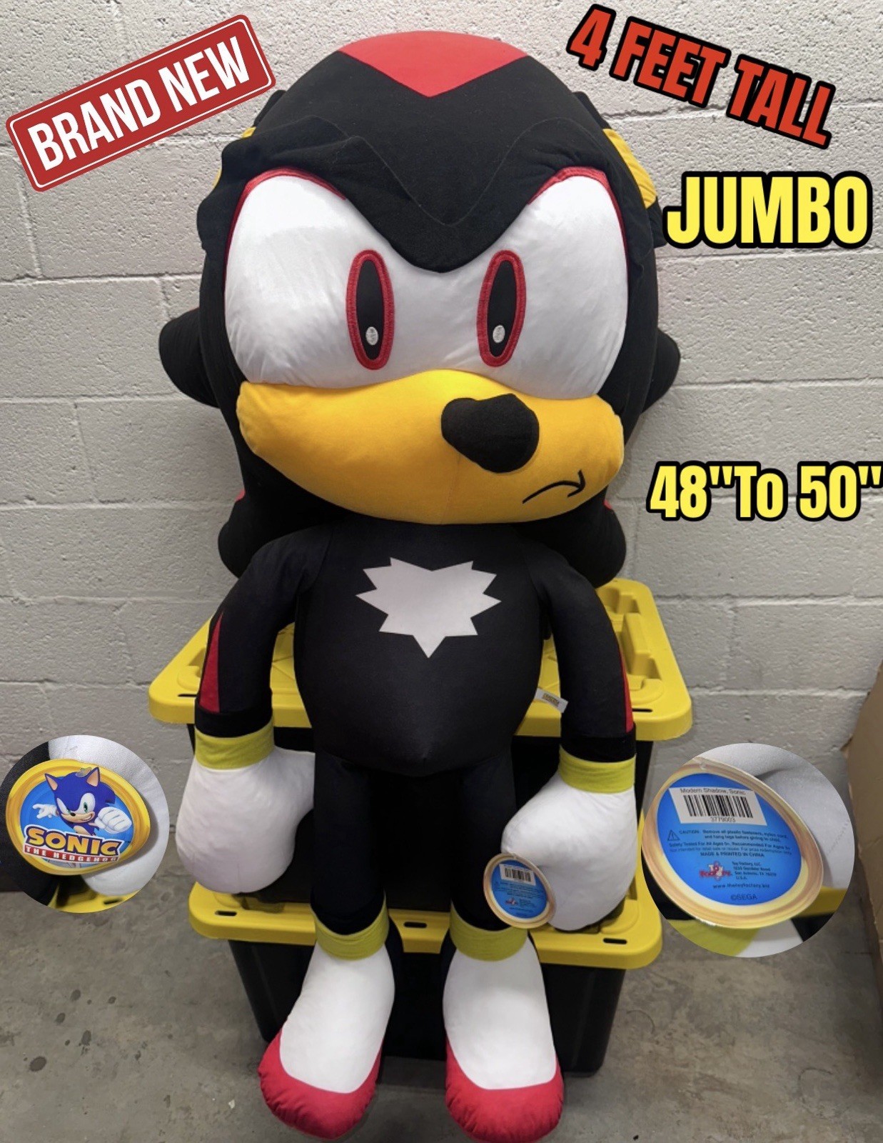 Official SEGA Sonic the Hedgehog 4FT 48″-50″ Shadow Jumbo Plush Toy Factory RARE