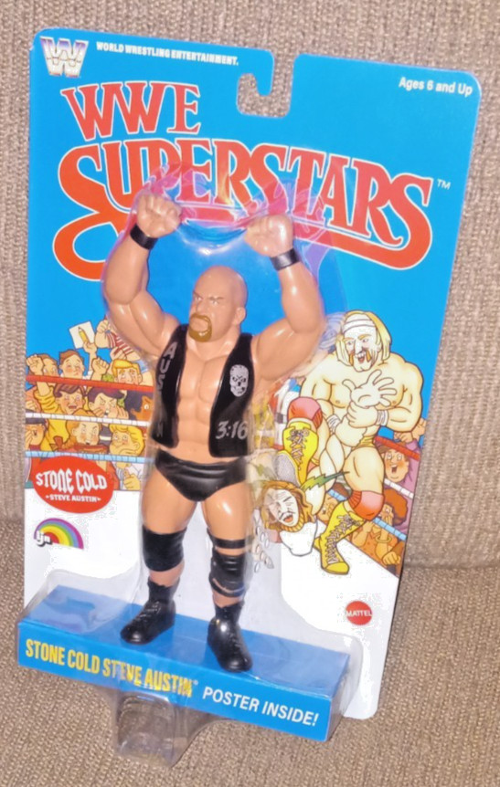 WWE Stone Cold Steve Austin action figure LJN Superstars 2025 Mattel poster blue