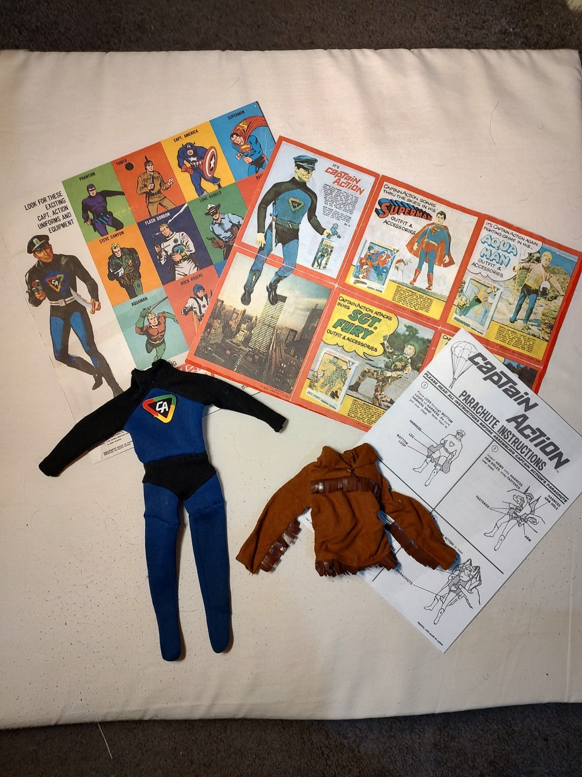 Vintage 1966 Ideal Captain Action clothing and repro prints (NO figure)