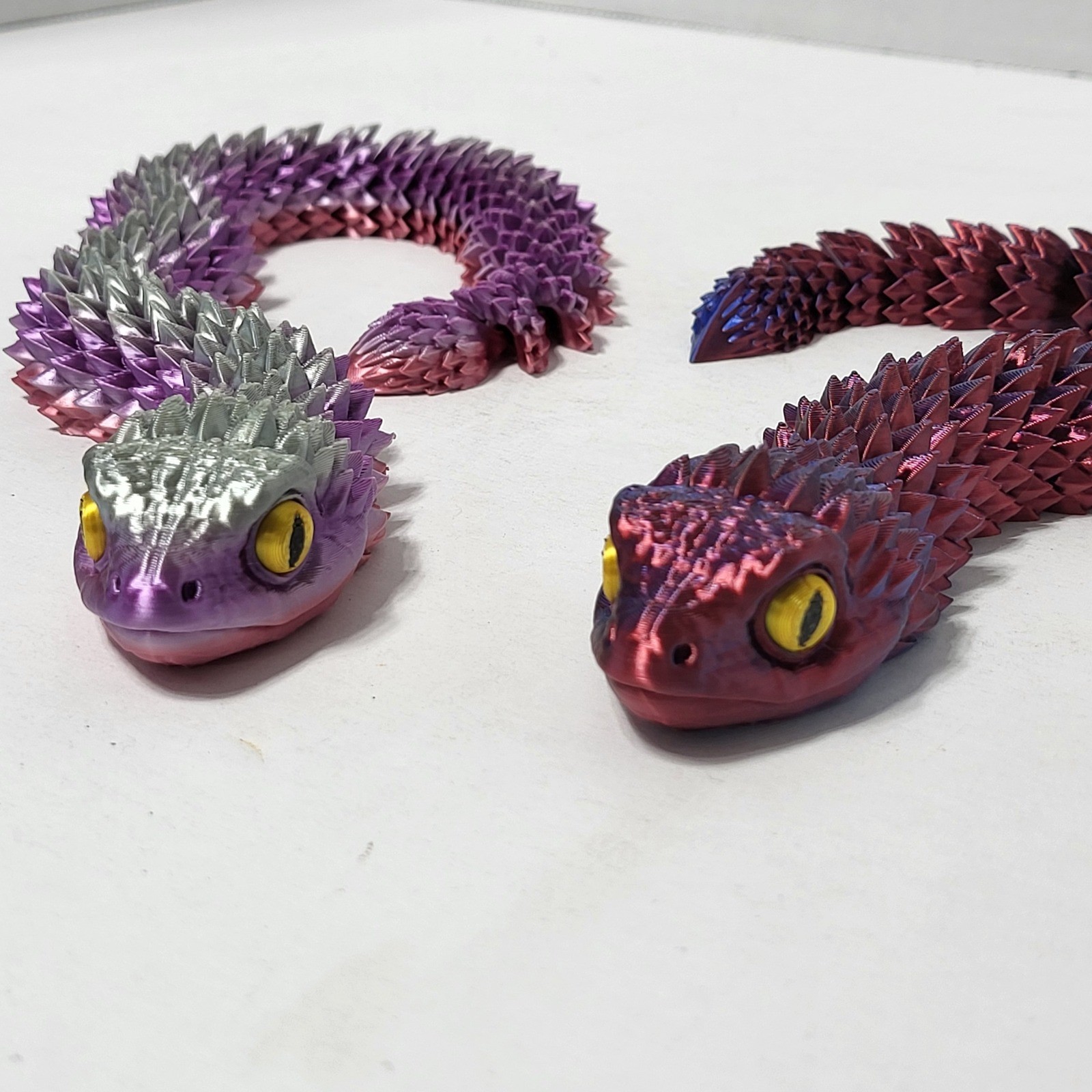 2 Pack Articulated 3D Printed Viper Snake Fidget Toy Iridescent Purple Blue 14in