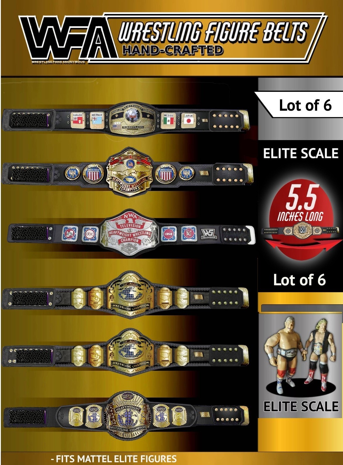 NWA Mattel ELITE Scale Lot Of 6 Hand Made Wrestling Figure Belts FOUR HORSEMEN