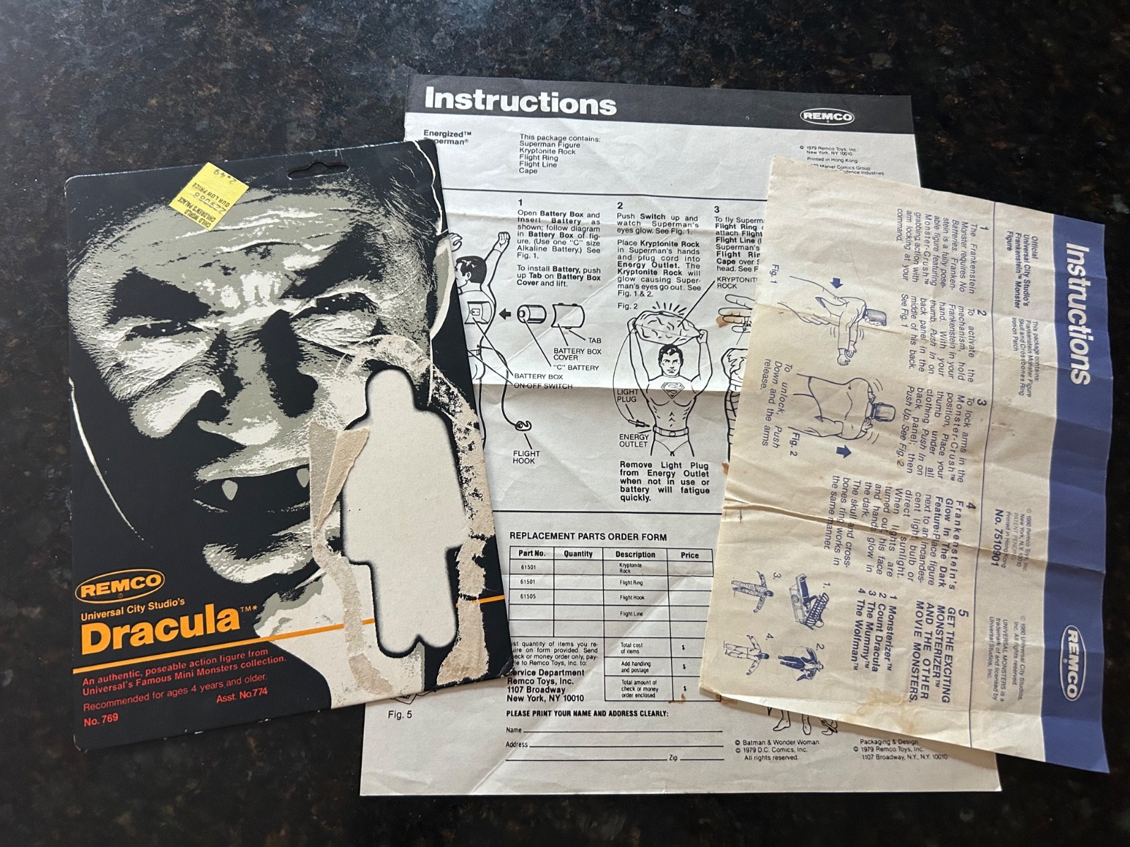 1980 Remco Dracula Card Back Only & Instructions for Frankenstein & Superman