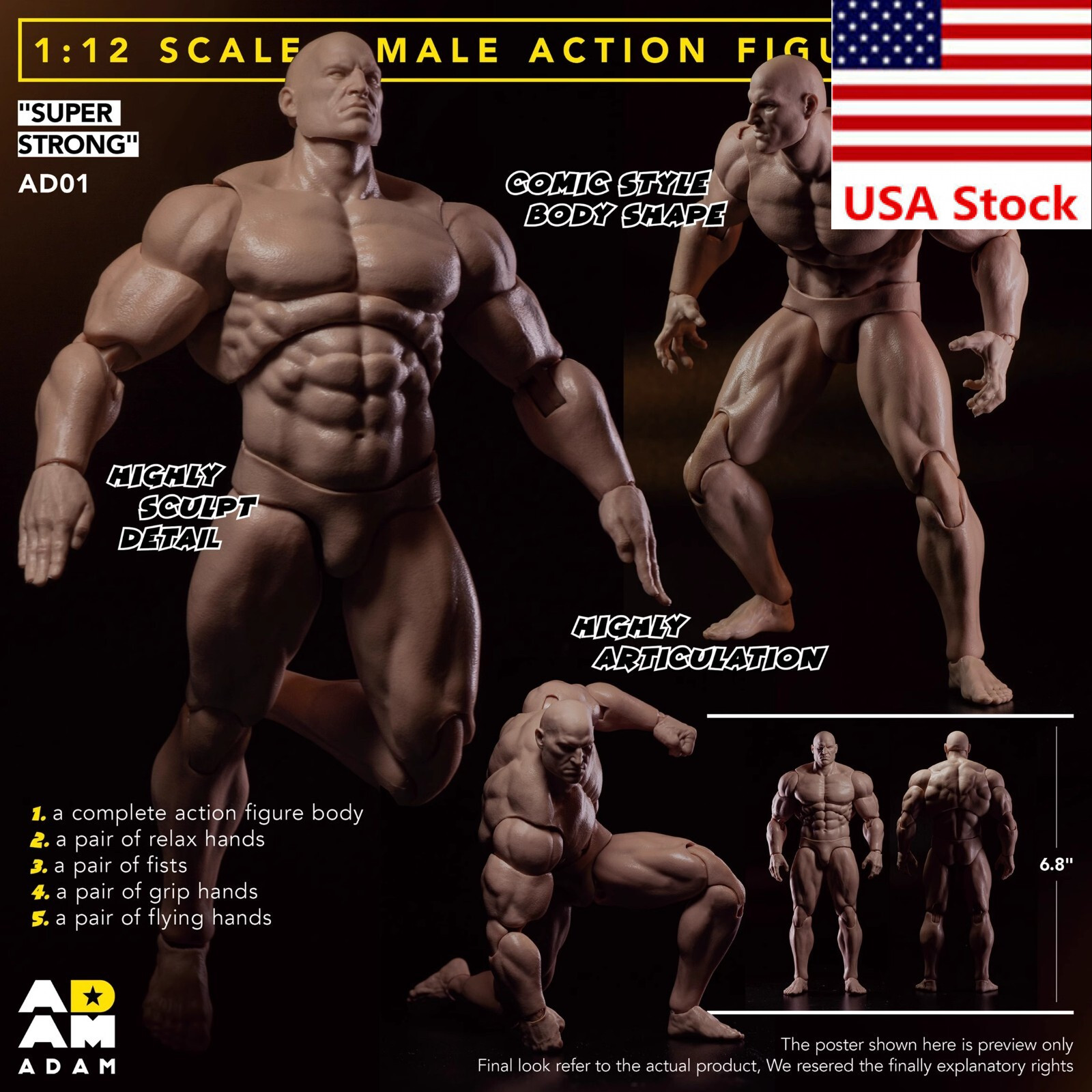 MUFF TOYS ADAM 1/12 Male Super Strong Muscle Flexible Joint Body 6″Action Figure