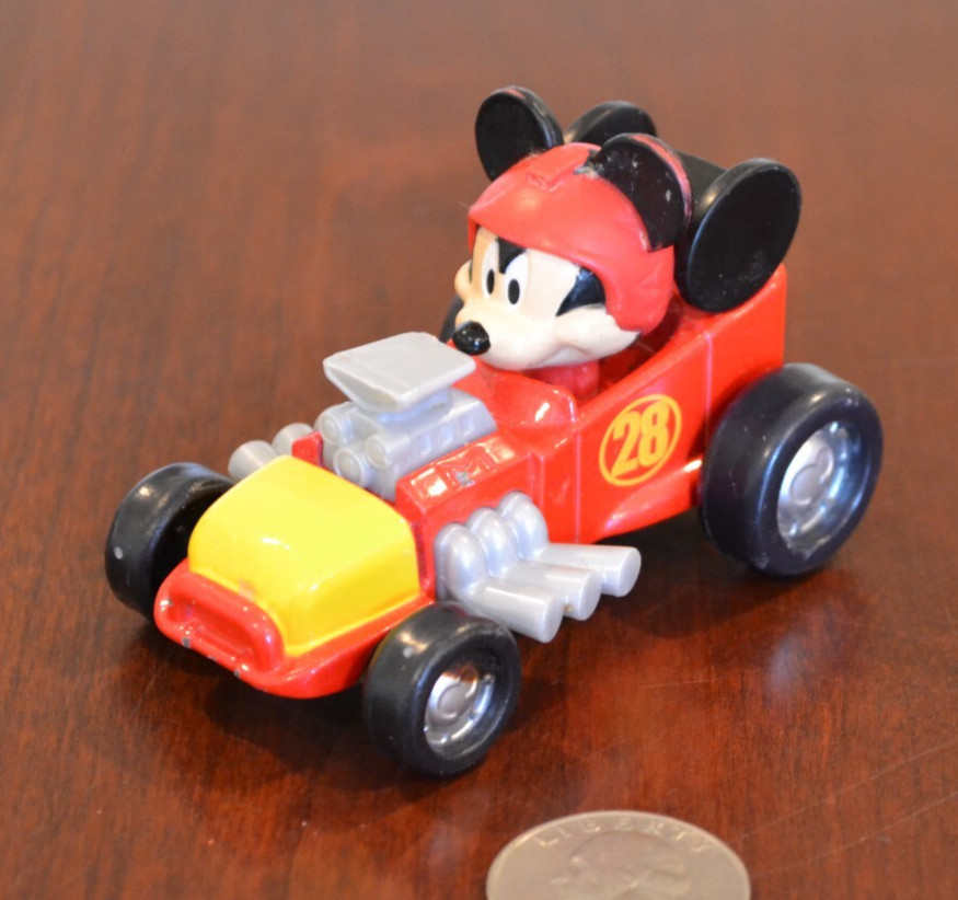 DIECAST MICKEY MOUSE NO. 28 ROADSTER CAR RACER DISNEY TOY 4 INCHES RED YELLOW