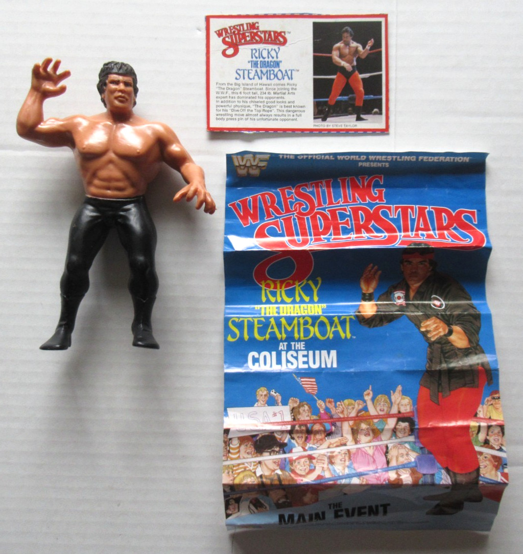RICKY THE DRAGON STEAMBOAT VINTAGE 1985 LJN WWF COMPLETE FIGURE POSTER BIO CARD