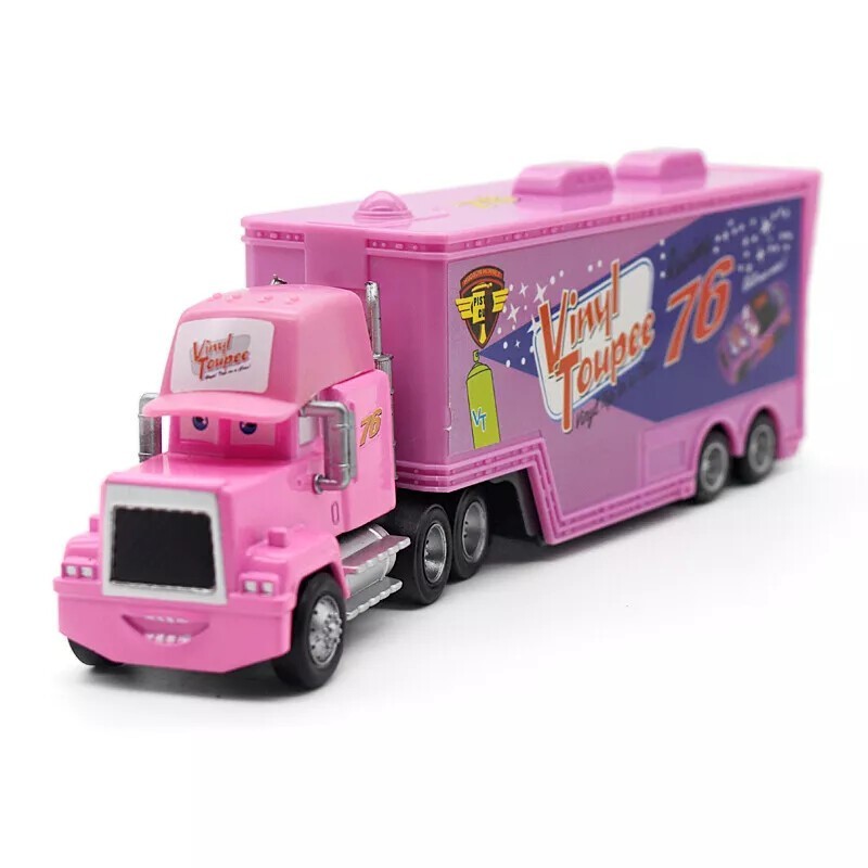 2Pcs Disney Pixar Cars No.76 Vinyl Toupee Hauler Truck with Car Diecast Toy Set