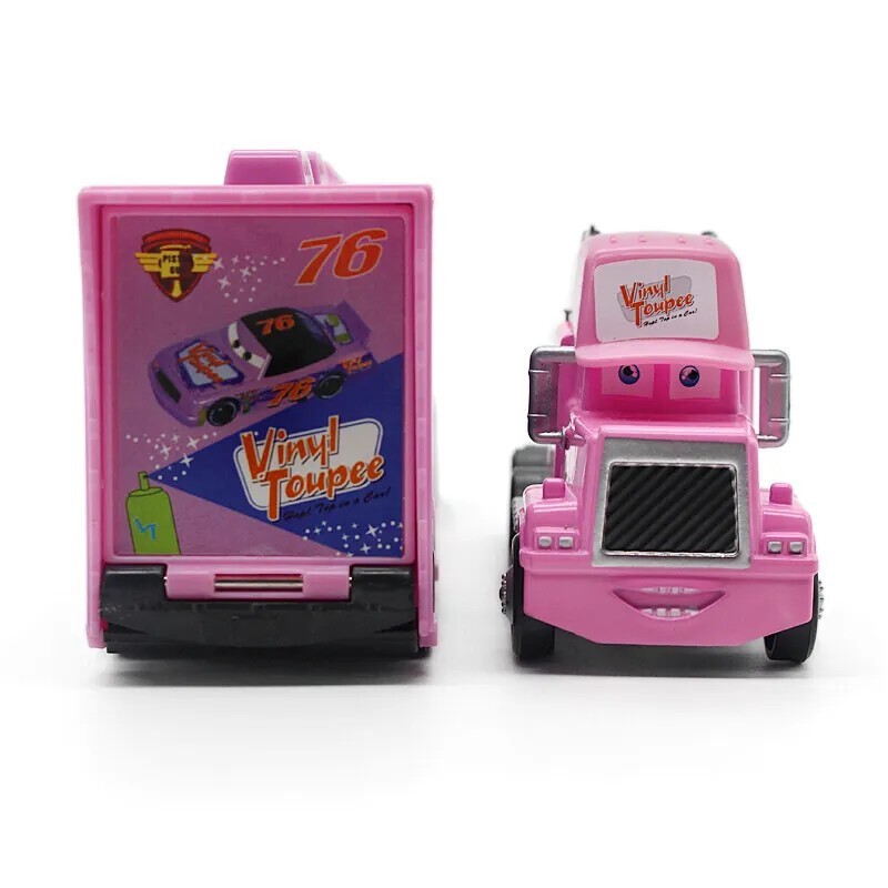 2Pcs Disney Pixar Cars No.76 Vinyl Toupee Hauler Truck with Car Diecast Toy Set